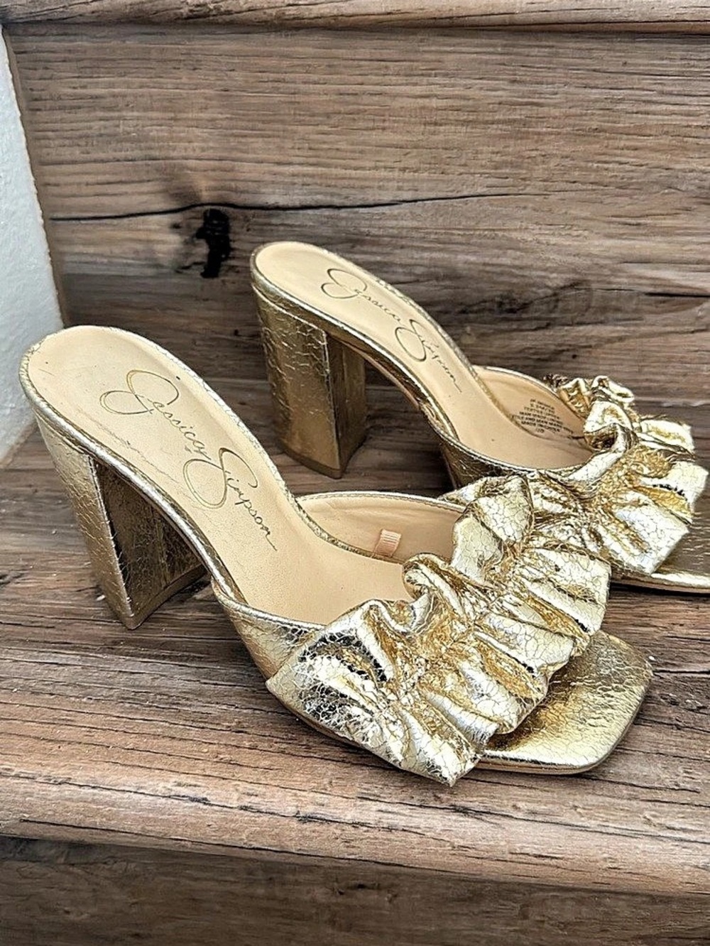 Jessica Simpson Gold Ruched Block Heel Mules
